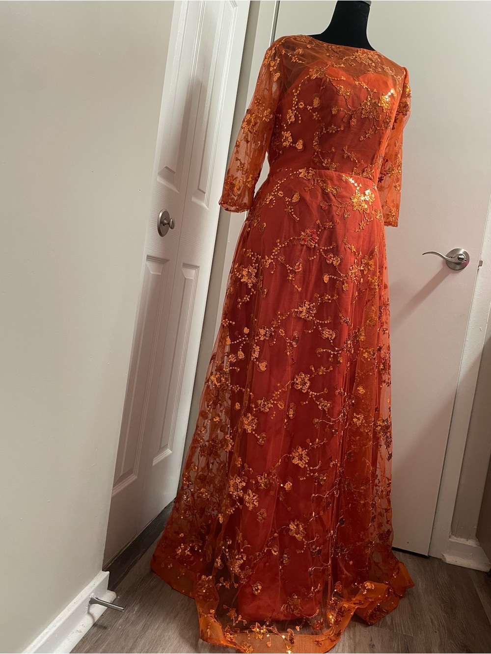 Orange sparkling Floral Lace Maxi Gown